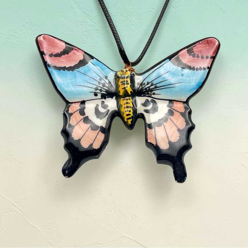 Vintage Signed Cera'Gueda of Portugal Ceramic Butterfly Pendant Necklace